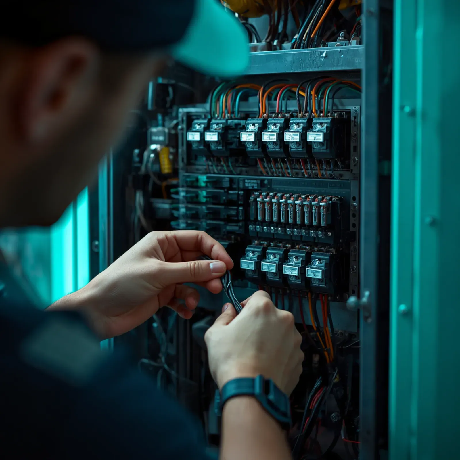 Elektriker prüft Schaltschrank-Reihenklemmen mit Multimeter — Elektrotechnik Mika Rötz